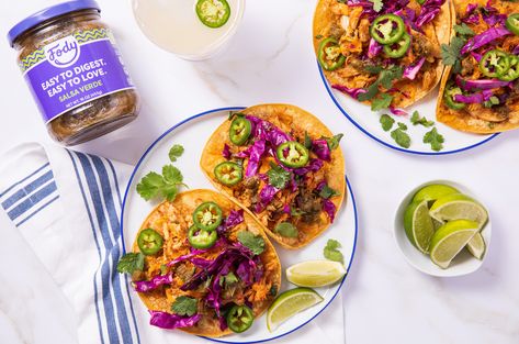 Fody’s Salsa Verde Chicken Tostadas Recipes For Ibs, Tomato Basil Pasta Sauce, Fodmap Friendly Recipes, Basil Pasta Sauce, Food Planning, Verde Chicken, Low Fodmap Diet Recipes, Chicken Tostadas, Ibs Recipes