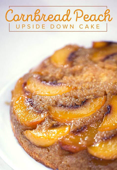 Peach Upside Down Cornbread Cake, Pineapple Upside Down Cornbread, Hot Honey Peach Cornbread, Peach Cornbread Muffins, Cornbread Mix Recipes Ideas, Cornbread Dessert Recipes, Cornbread Leftovers, Peach Cornbread, Upside Down Cornbread