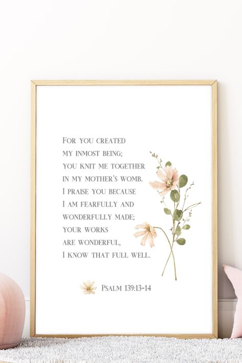 Nursery Scripture Wall Art, Psalm 139:13-14, I Am Fearfully And Wonderfully Made, Baby Bible Verses, Christian Watercolor, Nursery Scripture, Christian Nursery Decor, Poster Christian, Girl Nursery Wall Art