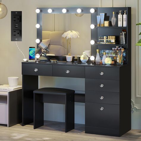 PRICES MAY VARY. [Elegant and Beautiful] Elevate any bedroom with the elegant and modern style of this vanity. The glossy finish and delicate crystal ball knobs add a touch of sophistication to the design, making it a great gift for your wife, girlfriend, mom, daughter, or friend. [Bright and Adjustable Lighting] This vanity desk comes with 11 built-in LED lights, offering 3 color temperature modes and adjustable brightness for professional-quality adjustable lighting during your daily makeup ro Vanity With Lights, Makeup Vanity Desk, Vanity Black, Elegant Vanity, Padded Stool, Color Lighting, Vanity Benches, Makeup Desk, Makeup Table Vanity