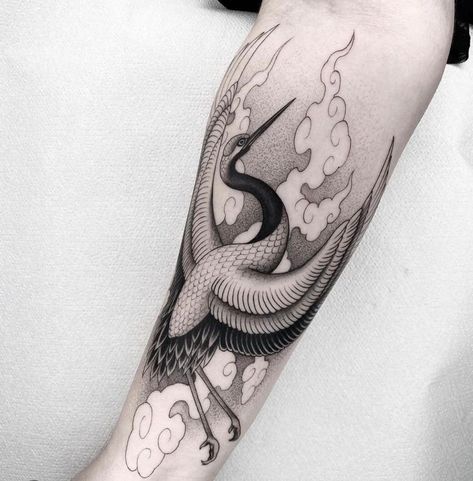 Japanese Crane Tattoo Design, Crane Tattoo, Realistic Tattoo Sleeve, Armband Tattoo Design, Asian Tattoos, Tattoo Portfolio, Tattoo Illustration, Japanese Tattoo Art, Black Ink Tattoos