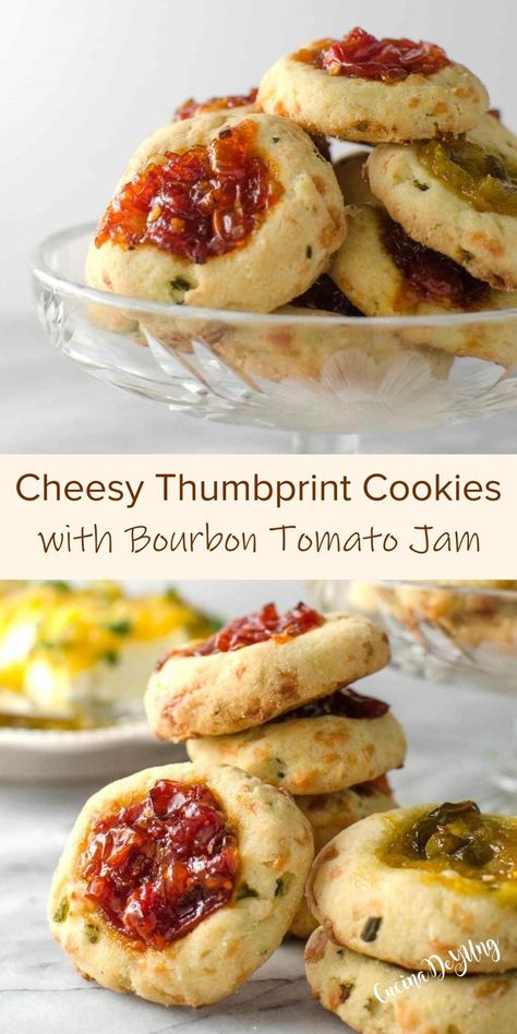 The BEST Cheesy Thumbprint Cookies with Bourbon Tomato Jam (Savory Cookies) Pretzel Candy Recipes, Cheese Thumbprint Cookies, Buckeye Balls Recipe, Savory Cookies, Tomato Jam Recipe, Thumbprint Cookie, Jam Thumbprint Cookies, Savory Cheese, Tomato Jam