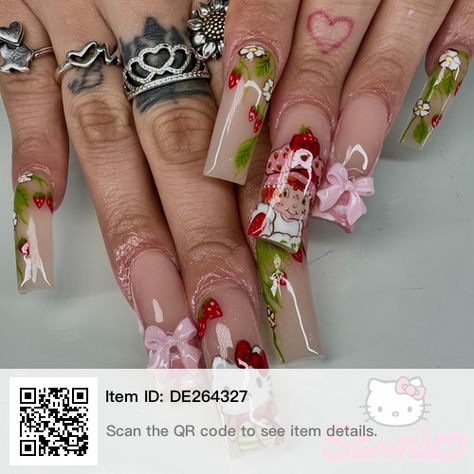 Hello Kitty And Strawberry, Strawberry Shortcake Nails, Exotic Nail Designs, Nails For Sale, Bridal Nails Designs, Brown Nails Design, Acrylic Nail Set, Punk Nails, Airbrush Nails