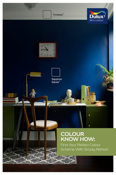 Simply Refresh Complementary Colours Dark Blue Home Office, Navy Blue Home Office, Sapphire Salute, Dulux Heritage Colours, Dulux Blue, Blue Home Office, Navy Blue Paint Colors, Blue Home Offices, Paint Color Guide