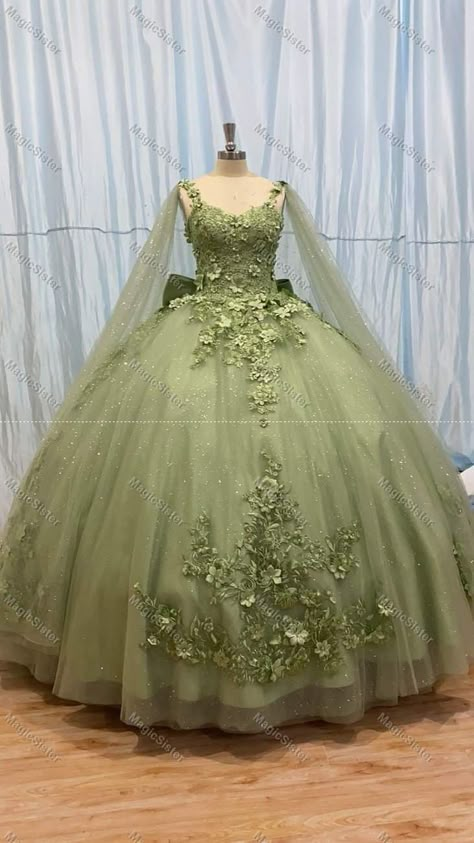 Tinkerbell Quinceanera Dress, Sage Wedding Dresses, Princess And The Frog Dress Style, Sage Quince Dresses, Sage Green Dresses Quinceanera, Tiana Green Quinceanera Dresses, Quince Sage Green Dress, Sage Green 15 Dress, Green Dresses Quinceanera