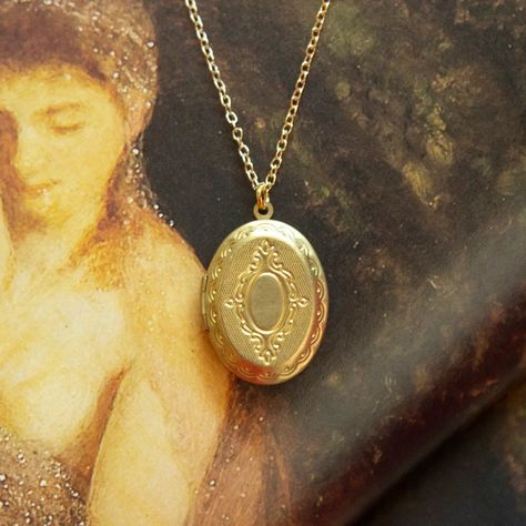 Deadstock vintage large brass locket charm with decorative, filigree etching, on a delicate 18in gold-plated cable chain. Locket opens! All materials are secondhand & vintage to reduce our impact on the environment - some typical aging is to be expected but gives these pieces character. 18" length chain Golden Locket, Vintage Locket Necklace, Chain Locket, Locket Necklace Vintage, Vintage Locket, Vintage Lockets, Locket Charms, Locket Necklace, Cable Chain