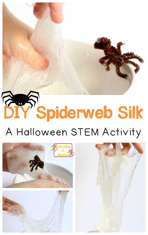 Halloween Slime Recipe, Slime Experiment, Halloween Science Activities, Halloween Stem Activities, Fun Slime, Spider Activities, Halloween Slime, Halloween Stem, Spider Silk