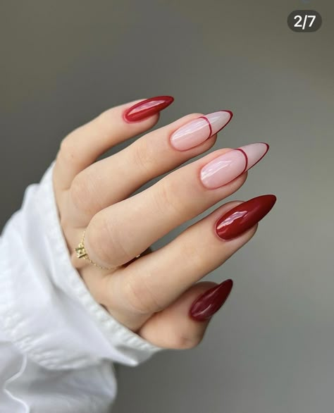 Cherry Nails Christmas, Red Wave Nails, Red Outlined Nails, Nude And Red Nail Designs, Minimalist Red Nails, Nail Red Design, Red Gel Nails Designs, Red Nail Aesthetic, Outline Nails