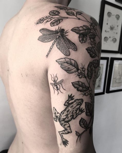 552 Likes, 2 Comments - Rebecca Dewinter (@rebeccadewinterttt) on Instagram: “Saskatoon berry, dragonfly, mosquito and healed frog for Michael.” Tattoo Sleeve Botanical, 16 Tattoo, Nature Tattoo Sleeve, Insect Tattoo, Bug Tattoo, 3 Tattoo, Theme Tattoo, Nature Tattoo, Back Of Shoulder Tattoo