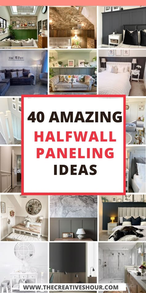 Discover the charm of halfwall paneling in your bedroom and bathroom with these DIY inspirations. Unlock endless ideas for a cozy and stylish space! #HalfwallPaneling #IdeasBedroom #DIY #IdeasBathroom Two Tone Walls With Wallpaper, How To Decorate A Panelled Wall, Wood Paneling Bedroom Wall, White Panel Board Wall, Hall With Panelling, Ideas For Paneling Walls, Half Brick Accent Wall, Bedroom Panels Diy, Bedroom Inspirations With Panelling