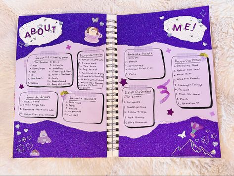 #journal #purple #ideas #aesthetic #scrapbook #layout #aboutme Purple Scrapbook Ideas, Portfolio Cover Design, Purple Journal, Purple Ideas, Aesthetic Scrapbook, Purple Diary, Scrapbook Cover, Portfolio Covers, Journal Books