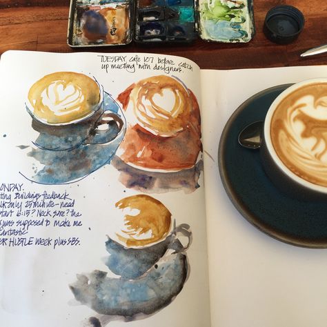 Watercolour Coffee Painting, Coffee Inspired Art, Drawings Of Coffee, Food Sketchbook, Watercolour Coffee, Tea Drawing, Liz Steel, Coffee Project, Watercolour Sketchbook