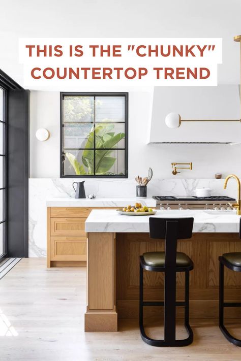 Thick Island Countertops, Thick Kitchen Countertop, Thick Countertop Kitchen, Bold Kitchen Island Countertop, Countertops 2024 Trends, Countertop Trends 2024, 2024 Kitchen Countertop Trends, Kitchen Counter Tops 2024 Trends, Luxe Kitchen