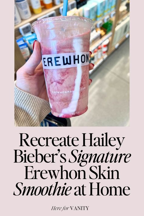 Save money and get glowing skin with this homemade version of Hailey Bieber's famous $20 Erewhon smoothie!  This viral strawberry smoothie recipe includes all the skin-loving ingredients from the original: collagen, sea moss, avocado, and more. The perfect dupe for the trendy LA drink everyone's talking about! Erewon Smoothie Recipes, Smoothie Recipes Erewhon, Erewhon Hailey Bieber Smoothie Recipe, Haley Bieber Smoothie, Hailey Bieber Smoothie Recipe, Erewhon Smoothie Recipes, Erewhon Recipes, Hailey Bieber Smoothie, Erewhon Smoothie