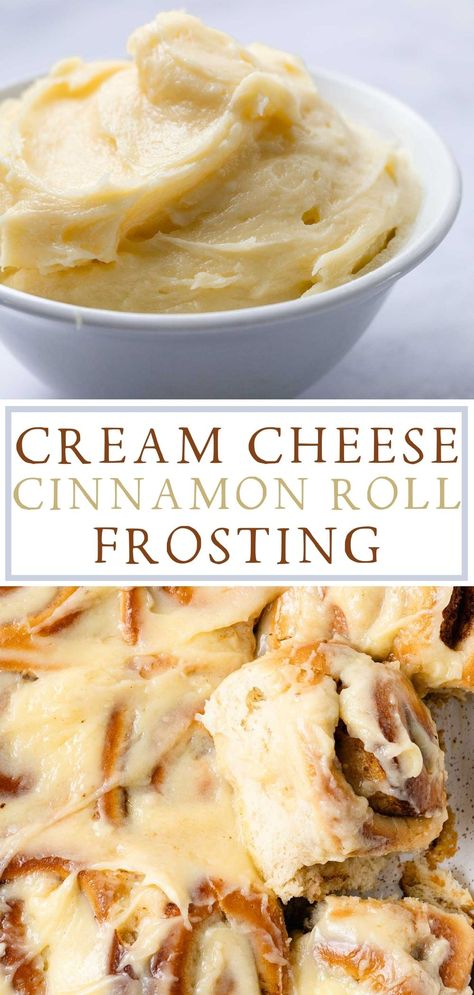 This rich and creamy cream cheese frosting is ideal for generously spreading over warm, freshly baked cinnamon rolls! Cinnamon Rolls Cream Cheese Icing, Cream Cheese Frosting Recipe For Cinnamon Rolls, Sourdough Cinnamon Rolls With Cream Cheese Frosting, Cream Cheese Topping For Cinnamon Rolls, Cinnamon Rolls Homemade Frostings, Orange Frosting For Cinnamon Rolls, Cinnamon Rolls With Cream Cheese Frosting, Cinnamon Cream Cheese Icing, Best Cinnamon Roll Frosting