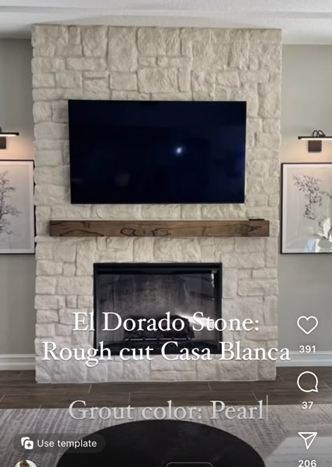 Eldorado Stone Roughcut Casa Blanca, El Dorado Stone Fireplace, Casa Blanca Rough Cut Stone, Eldorado Stone Casa Blanca Rough Cut, Bilevel Living Room, Built Ins And Fireplace, Farmhouse Mood Board, Living Room Fireplace Wall, Colorado Apartment