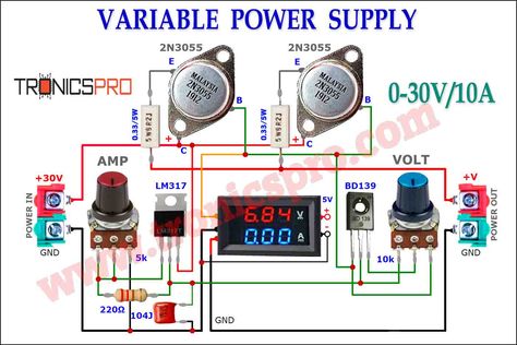 Variable Power Supply 0-30V_10A Circuit Diagram Ups Circuit Diagram, Amplifier Circuit Diagram, Amplificatori Audio, Electronics Projects For Beginners, Battery Charger Circuit, Basic Electronic Circuits, Electronic Circuit Design, Power Supply Circuit, Electrical Circuit Diagram