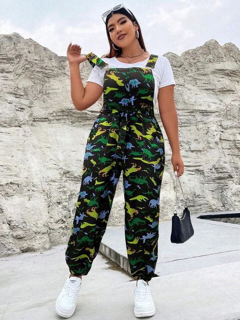 SHEIN EZwear Plus Dinosaur Print Overall Jumpsuit Without Tee | SHEIN USA Dinosaur Overalls, Fabric Dinosaur, Festival Fashion Outfit, Statement Bags, Fashion Outfit Ideas, Overall Outfit, Overall Jumpsuit, Movies Outfit, Plus Size Fashion For Women