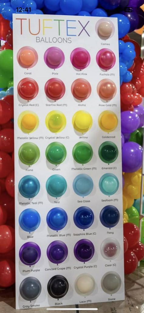 Balloon Storage Ideas Craft Rooms, Kalisan Balloon Color Chart, Qualatex Balloon Colors, Balloon Arch Colors, Balloon Sizes Chart, Balloon Color Palette, Balloon Store Interior, Kalisan Balloons Colors, Balloon Arch Color Scheme