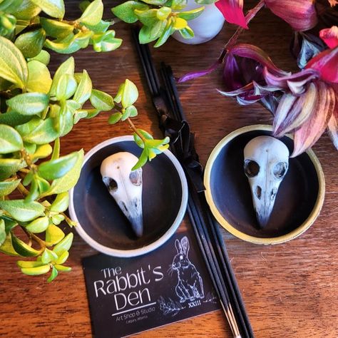 Hand made incense holders of bird skulls made from polymer clay with painted details in black sitting in clay plates painted black with gold or silver rims Clay Skull, Insence Burner, Clay Plates, Diy Air Dry Clay, How To Make Clay, Bird Skull, Diy Holder, Incense Holders, Follow On Instagram