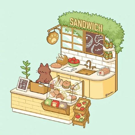 Cafe Drawing, Idle Game, Sandwich Shop, Isometric Art, Kawaii Illustration, Cute Food Drawings, Cafe Art, Cute Animal Drawings Kawaii, Kawaii Doodles