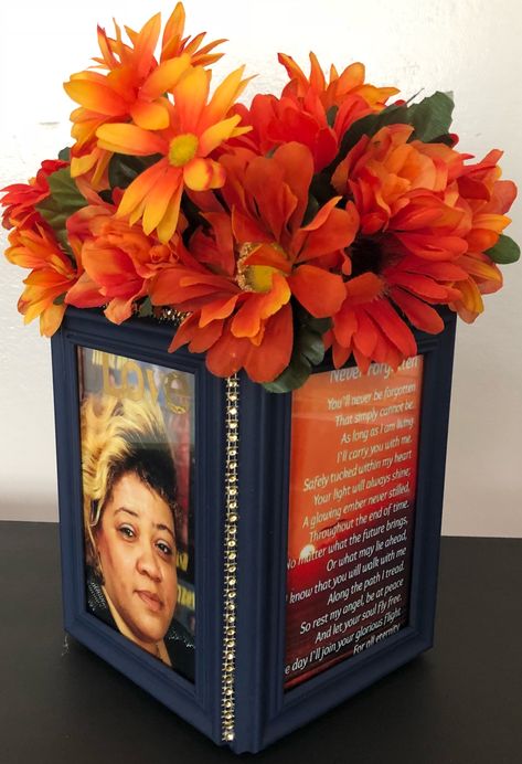 Photo cube memorial Centerpieces For A Memorial Service, Memorial Grave Decorations Diy, Diy Centerpieces With Pictures, Diy Wedding Picture Frames, Photo Cube Centerpiece, Repast Centerpieces, Memorial Diy Ideas, Memorial Service Centerpieces, Memorial Decorations Ideas