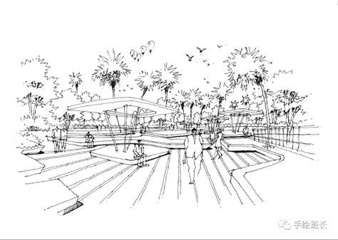 Park Sketch Architecture, Park Perspective Drawing, Landscape Perspective Drawing, Perspective Landscape Drawing, Landscape Architecture Sketch, Park Perspective, Park Sketch, Urban Spaces Design, Interior Architecture Sketch