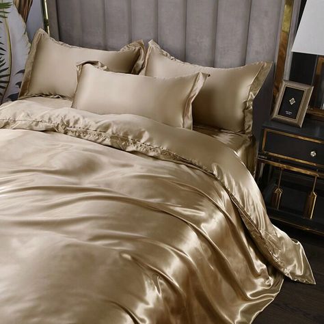 Full Bed Sheets, Linen Comforter, Silk Bedding Set, Sleep Sanctuary, Satin Bedding, Bedroom Setup, Cover Bed, Silk Bedding, Queen Bedding Sets