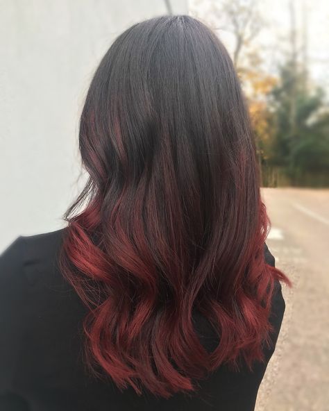 Balayage,color melt,long hair,dark hair,red hair,ombré, Red Color Highlights Hair, Red Ombre Dark Hair, Hair Color At Ends Of Hair, Hair Dye Only Tips, Dark Hair Colored Ends, Faded Dark Red Hair, Hair Color At The End Of Hair, Hair End Color, Dark Roots With Red Ends