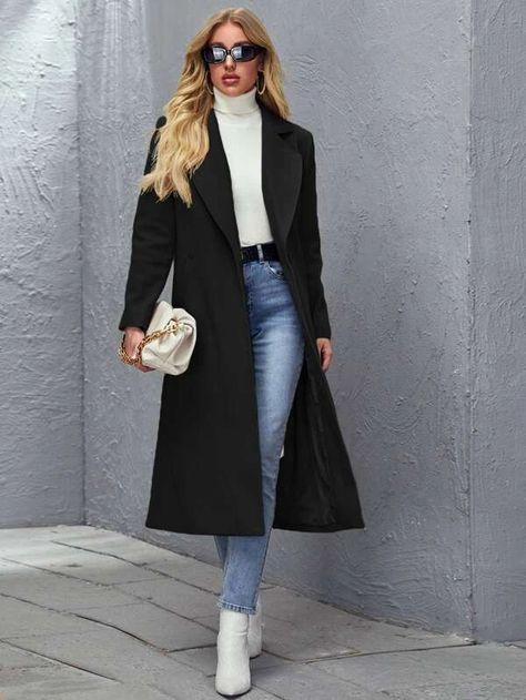 SHEIN Manteau avec bouton | Mode en ligne | SHEIN FRANCE Long Black Coat Outfit, Aesthetic Finder, Nyc 2023, Black Overcoat, Diva Style, Boho Picnic, Y2k Butterfly, Wool Winter Coat, Business Formal Dress