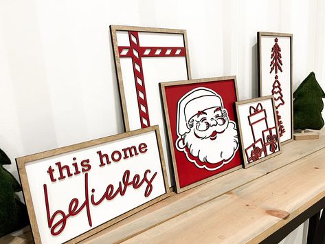 Cute Christmas Santa Mantle Sign Set Laser Cut Digital File | This Home Believes | Christmas Presents | Candy Cane | Stripes | Christmas Trees | Christmas Mantle SVG | Cute Christmas Signs | Sign Set | Red Christmas | Christmas Decor | Glowforge DIGITAL FILE DETAILS: - 8.5" x 16", 12" x 7" 8" x 8" and 11" x 11"but can be scaled to any size. ________________________________________________________________________________________________________________________________ You will receive 2 SVG files Cute Christmas Signs, Santa Mantle, Wood Laser Ideas, Laser Cut Decor, Christmas Wooden Signs, Laser Cut Wood Crafts, Trees Christmas, Contemporary Christmas, Candy Cane Stripes