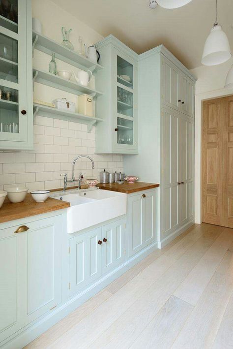 Light Aqua Kitchen Cabinets, Light Mint Kitchen Cabinets, Light Blue Kitchen Cabinets Butcher Block, Pastel Cabinets Kitchen, Aqua Cabinets Kitchen, Aqua Green Kitchen, Kitchen Pastel Colours, Pastel Cabinets, Aqua Kitchen Cabinets