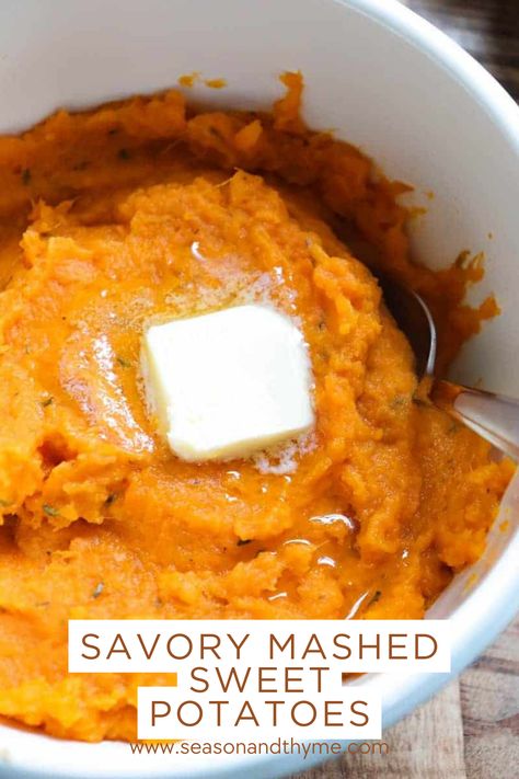 Savory Mashed Sweet Potatoes Mashed Sweet Potatoes Savory, Savory Mashed Sweet Potatoes, Potato Dishes Easy, Savory Sweet Potato Recipes, Turkey Side Dishes, Whipped Sweet Potatoes, Spicy Mac And Cheese, Sweet Potato Seasoning, Mashed Sweet Potato