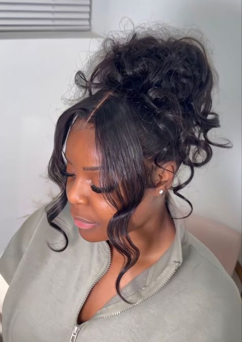 Birthday Hair Medium Length, Graduation Hair For Black Women, Medium Hair Styles For Black Women, Wedding Updos For Long Hair Black Women, Updos For Black Women Wedding, Engagement Party Hairstyles Black Women, Middle Part Updo Black Women, Prom Black Hair Hairstyles, Prom Hair Black Women Updo