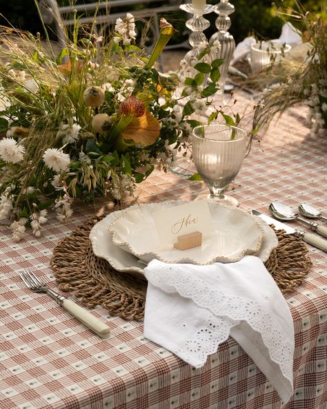 Delilah Broderie Napkins (Set of 4) Natural Wedding Place Settings, Vintage Plate Wedding Setting, Chamomile Table Decoration, Table Setting With Napkins, Neutral Thanksgiving Tablescape, Gingham Tablescape, Mcgee Co, Wedding Tablescapes Long, Citrus Tablescape