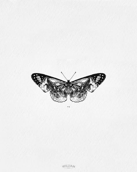 Mountain butterfly 🦋 . . . . . . . . . . . . . . . . . . . . #dotworktattoo #dotwork #flashtattoo #tattoodesign #art #blackworktattoo… Butterfly With Mountains Tattoo, Butterfly And Mountain Tattoo, Mountain Butterfly Tattoo, Aesthetic Mountain Tattoo, Half Butterfly Tattoo, Dainty Tats, Lil Tattoo, Skull Butterfly Tattoo, Wilderness Tattoo