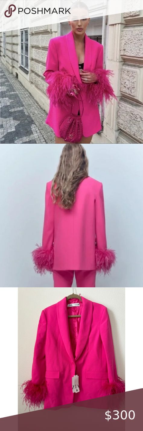 Zara Straight Cut Hot Pink Feather Cuff Oversized Blogger Favorite Blazer NWT Feather Cuff, Cut Blazer, Barbie Core, Pink Feathers, Zara Jackets, Anniversary Celebration, Birthday Outfit, Straight Cut, Date Night