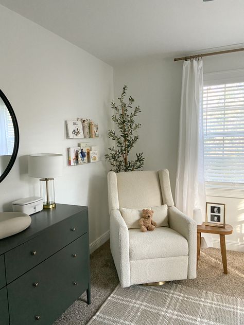 Nursery With Gray Carpet, Nursery With Rocking Chair, Gray And Beige Nursery, Gender Neutral Nursery Aesthetic, Full Nursery Room View, Gender Neutral Themed Nursery, Nursery Ideas Grey Walls, Natural Baby Boy Nursery, Alabaster Nursery