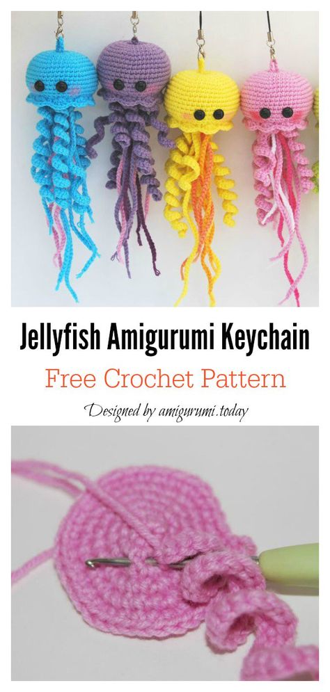 Happy Jellyfish Amigurumi Keychain Free Crochet Pattern Crochet Keyring Free Pattern, Jellyfish Amigurumi, Jellyfish Keychain, Crochet Jellyfish, Amigurumi Keychain, Crocheted Jellyfish, Keychain Pattern, Crochet Fish, Confection Au Crochet