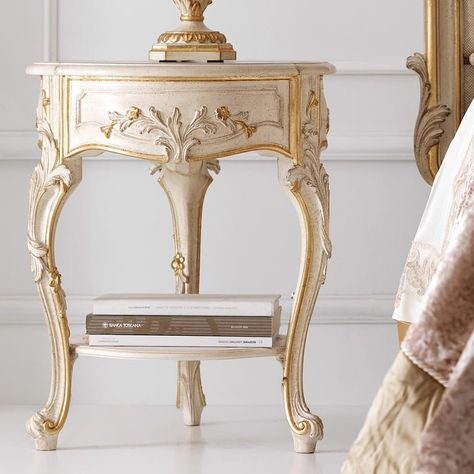 Ornate Ivory and Gold Italian Small Round Bedside Table Sabrina Bedroom, Small Round Bedside Table, Bedside Table Aesthetic, Small Round Coffee Table, Round Bedside Table, Classic Side Table, French Bedside Tables, Luxury Bedside Table, Round Bedside