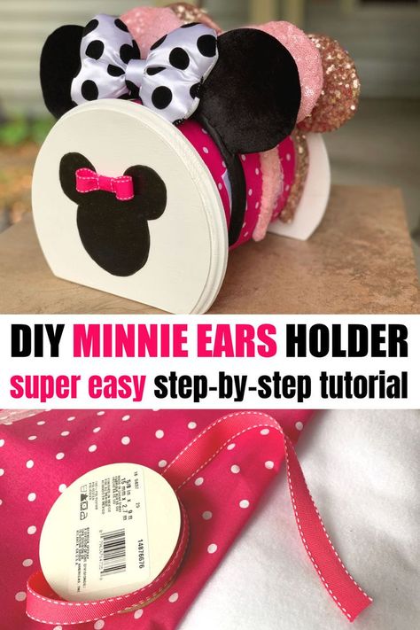 Need a super cute way to hold your Minne ears? Here's my east, step-by-step DIY! #MinnieEars #Disney #Mickeyears #Disneyearheadband #DisneyEarHolder #DisneyCraft Mickey Ears Diy Tutorials, Mouse Ear Holder For Backpack Diy, Diy Disney Ear Holder, Disney Ear Holder, Ear Holder Disney, Disney Crafts For Adults, Disney Decor Diy, Diy Headband Holder, Disney Ears Headband