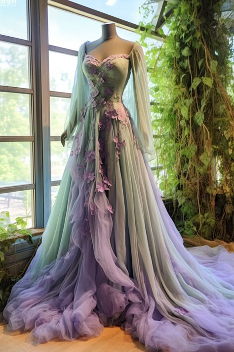 Wisteria inspired gown Queen Dresses Aesthetic, Wisteria Wedding Dress, Wisteria Outfit, Ethereal Dress Aesthetic, Mystical Dresses, Fantasy Dress Aesthetic, Wisteria Dress, Elvish Dress, Fantasy Ball