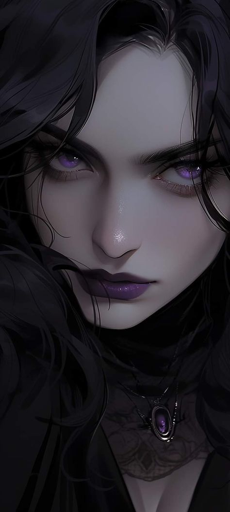 Purple Hair Character Art, Purple Eyes Character, Purple Hair Character Design, Purple Eyes Art, Female Character Inspiration Black Hair, Purple Succubus, Purple Eyes Aesthetic, Purple Character Design, Vampire Oc Female Art