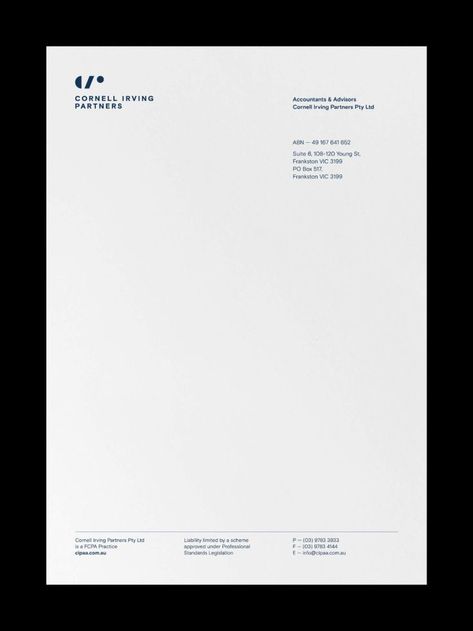 Cornell Irving Partners accounting firm Melbourne Brand Identity print collateral: letter heads, business card, with compliments Letter Heads, Letter Pad, Offer Letter, Letterhead Business, Accounting Firm, Print Collateral, Accounting Firms, Letterhead, Brand Identity