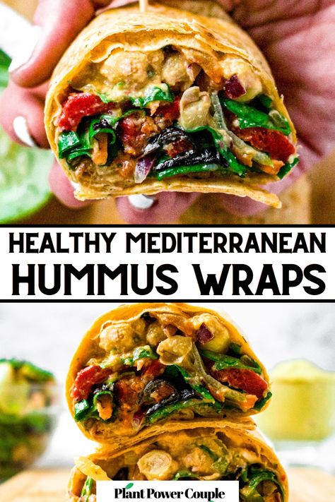 Indulge in the flavors of the Mediterranean with our refreshing Hummus Wrap recipe! Perfect for hot summer days when cooking is out of the question, this wrap bursts with fresh veggies like red onions, peppers, kalamatas, and crunchy lettuce. Drizzled with a creamy hummus dressing and wrapped snugly in a flour tortilla, it's a filling and flavorful delight that captures the essence of summer in every bite! Red Pepper Hummus Wrap, Hummus Breakfast Ideas, Hummus Wrap Ideas, Summer Wraps Recipes, Mediterranean Wraps, Hummus Veggie Wrap, Wraps With Hummus, Veggie Wrap Recipe, Hummus Wrap Recipe