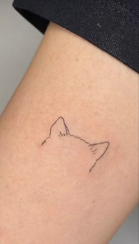 Cat With Leaves Tattoo, Cat Tattoo Small Simple Outline, Tattoos Cats Minimalist, Sweet Small Tattoos, Small Tattoos For Cats, Cat Ear Tattoo Simple, Minimal Cat Tattoo Line, Cat Paw Print Tattoo Outline, Cute Simple Cat Tattoos