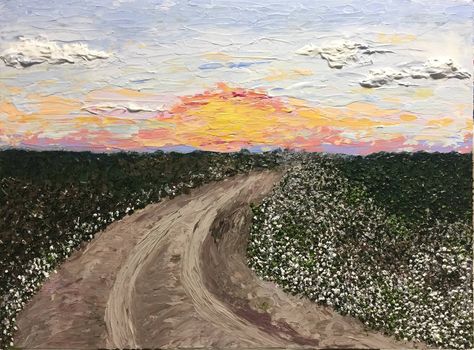 Mississippi Delta Dirt Road Cotton Field Painting, Mississippi State Paintings, Country Road Painting Acrylic, Mississippi Artwork, Mississippi Nature, Dirt Road Acrylic Painting, Field Paintings, Cotton Painting, Road Painting