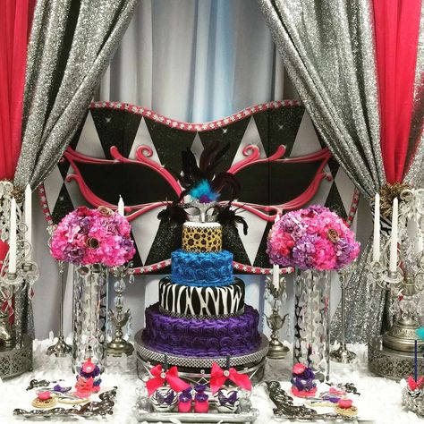 Exotic Masquerade  Quinceañera | CatchMyParty.com Country Tea Party, Quinceañera Party Ideas, Angel Decorations, Masquerade Party Decorations, Dessert Table Backdrop, Party Dessert Table, Dessert Station, Dessert Table Decor, 50th Anniversary Party