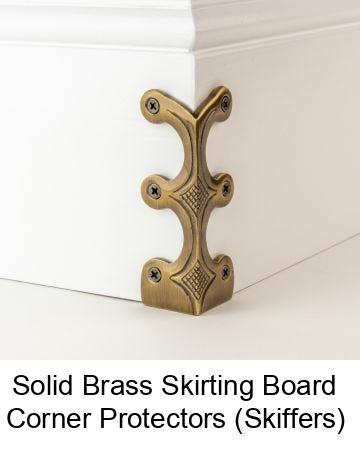 Skiffers or corner protectors are attractive solid brass castings designed to prevent damage to skirting boards and wall corners, an elegant and durable way to guard against scuffs and damage. It is all too easy to scuff corners, for example when vacuum cleaning or moving furniture. Our corner protectors not only prevent this, but also add an attractive detail to a normally bland area. Choice of finishes: Antique Brass, Polished Brass, Bronze, Sa Skirting Board Protectors, Star Dust Corners, Skiffers Corner Protectors, Skiffers Corner, Dust Corners, Farmhouse Living Room Decor Ideas, Moving Furniture, Skirting Boards, Wood Joinery