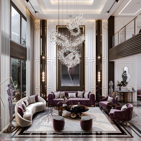 Contemporary double height design in kSA on Behance Neoclassic Living Room, Double Height Living Room, Guest Bathroom Design, Entrance Decoration, High Ceiling Living Room, Sala Grande, Luxury Furniture Living Room, Room Photo, Double Height